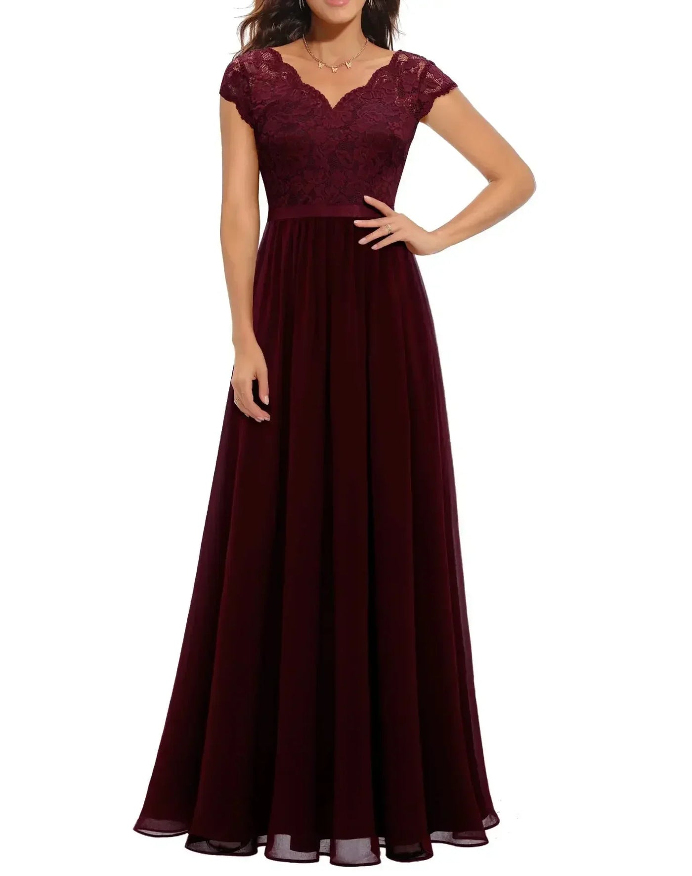 Lace V-Neck Chiffon A-Line Maxi Dress 12