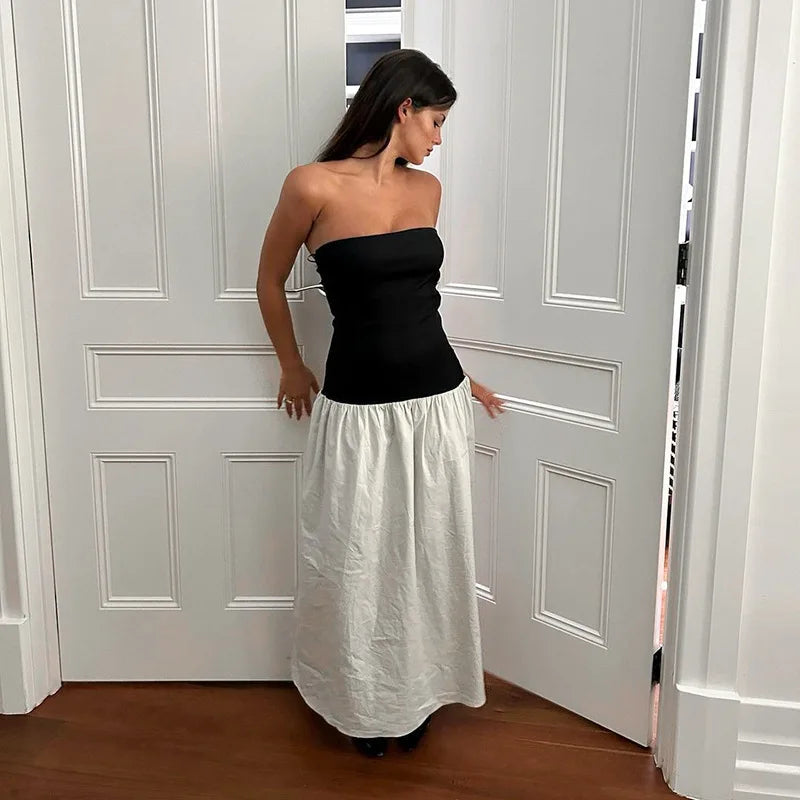 Strapless Colorblock Drop Waist Tube Maxi Dress 20