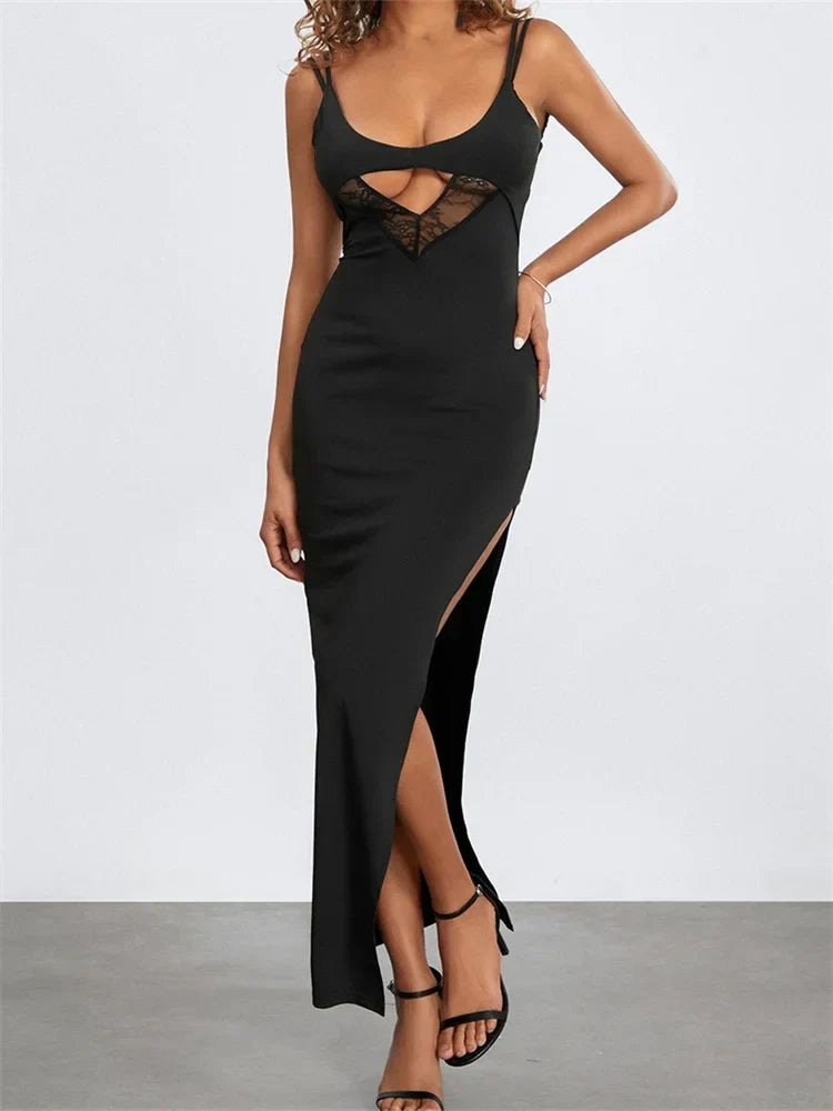 Sexy Women Summer Slim Sleeveless Lace Patchwork Low Cut Cutout Side High Split Summer Party Vestido