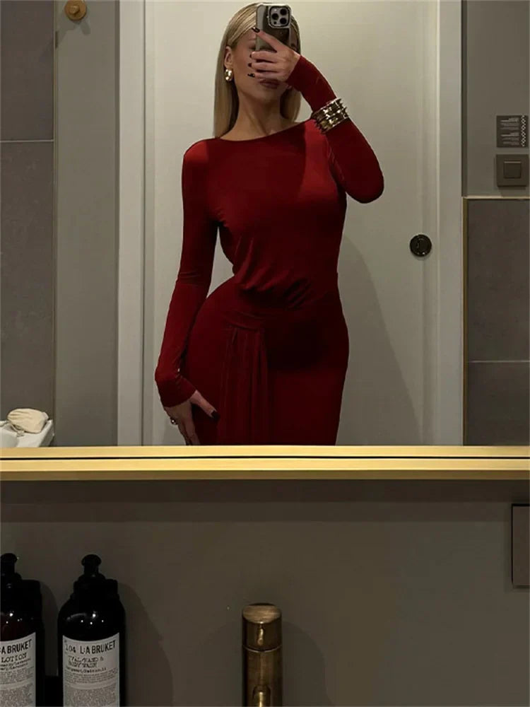 Red Lace - Up Pleated Long Sleeve Maxi Dress