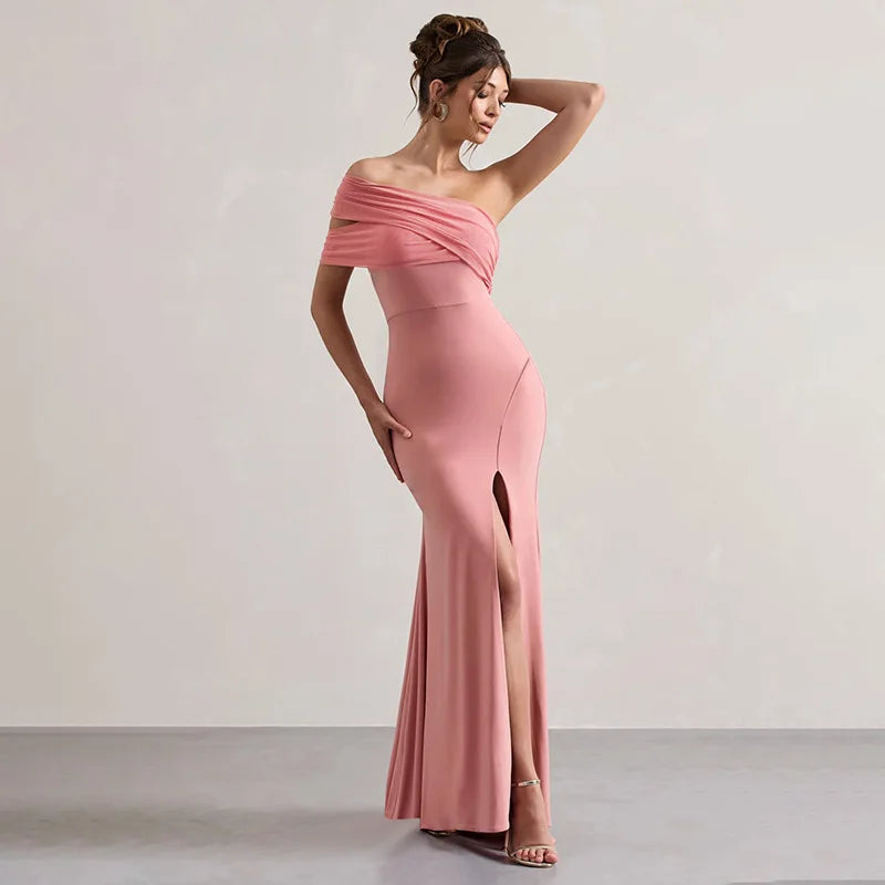 Off Shoulder Ruched Mesh Bodice High Split Mermaid Maxi Dress 3
