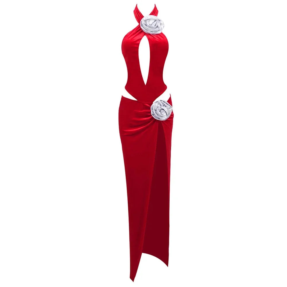 Red Velvet Maxi 3D Flower Evening Gown
