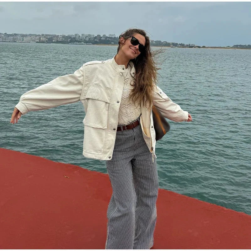Zippered Spliced Motorcycle Fashionable Solid Stand Neck Long Sleeve Short Coat