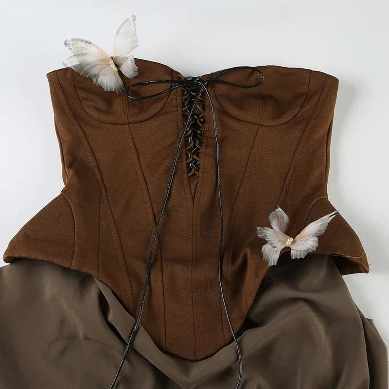 Sexy Women Butterfly Detail Strapless Long Dress Aesthetic Chic Detachable Corset Top Vintage Graceful Maxi Dresses