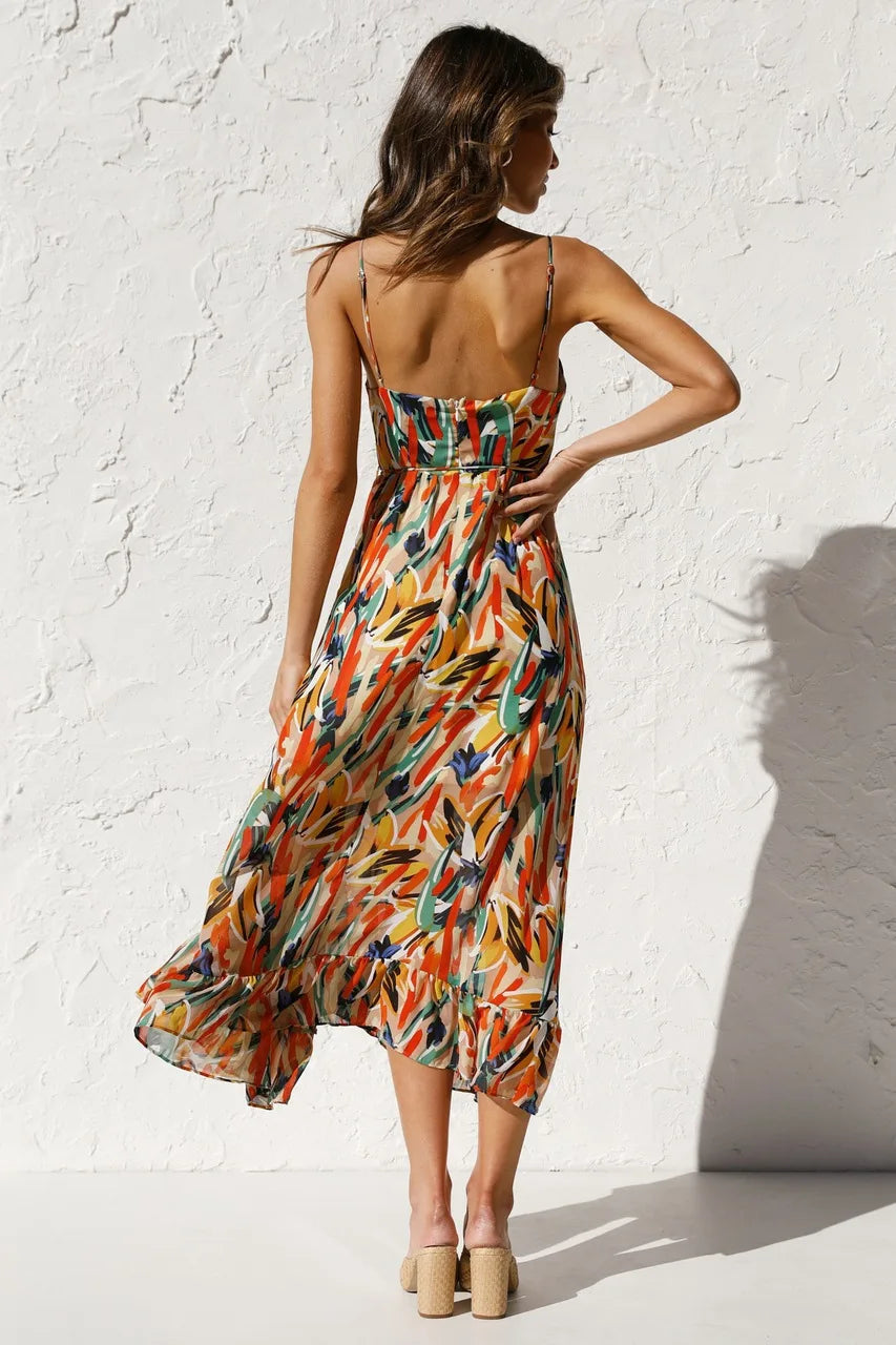 Abstract Print Spaghetti Strap V-Neck Midi Dress
