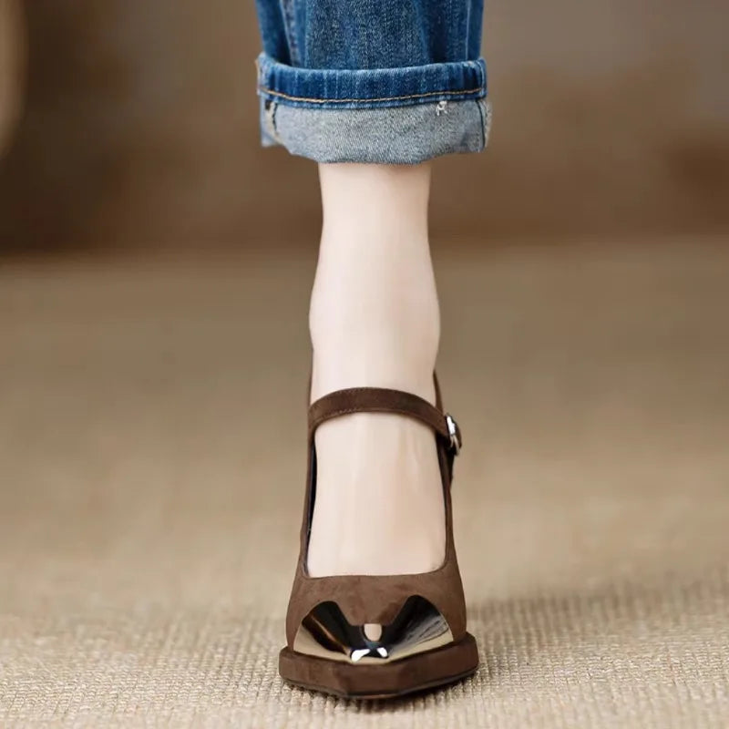 Pointed Toe Metal Cap Ankle Strap Block Heel Pumps