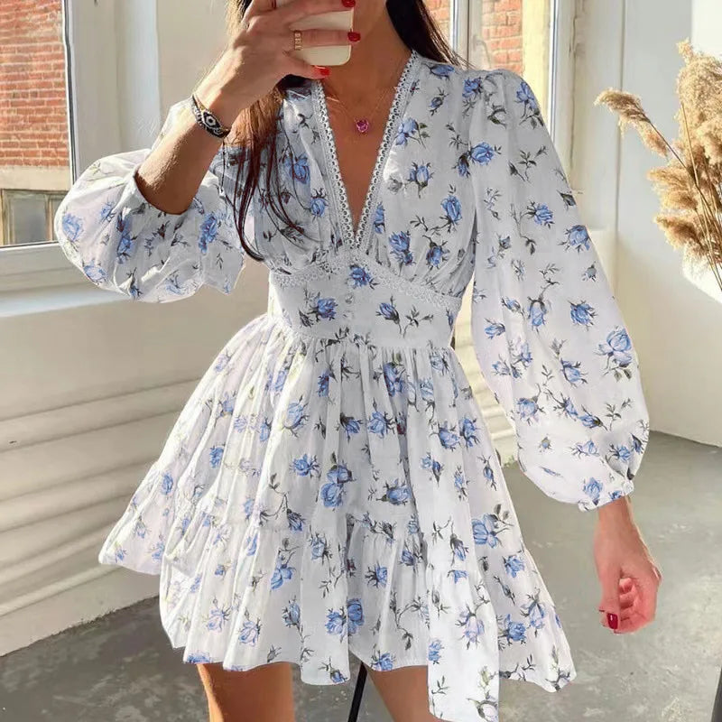 Vneck Lace Edge Midi Floral Dress