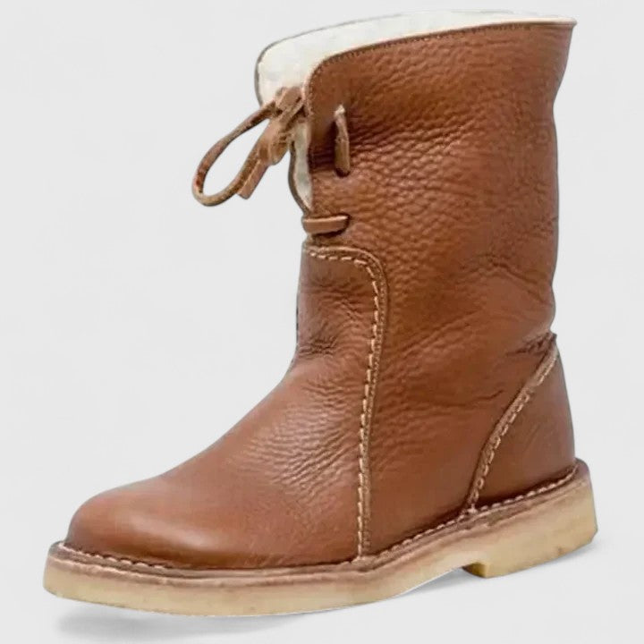 Fleece Cuff Lace Up Leather Ankle Boots