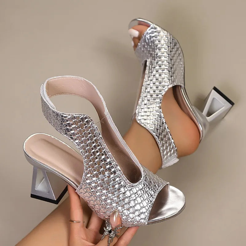 Woven Texture Peep Toe Cut Out Flared Heel Sandals