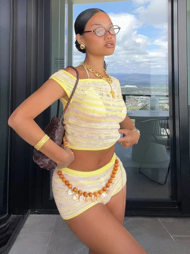 Crochet Thin Hollow Tank Top White Two Piece Shorts Set