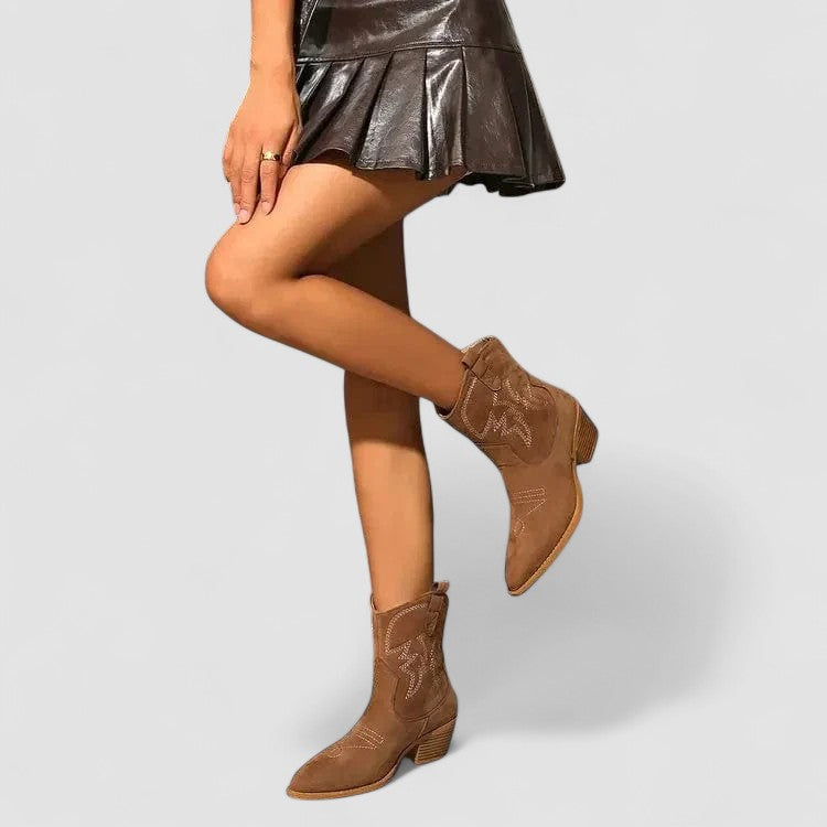 Embroidered Block Heel Western Ankle Boots