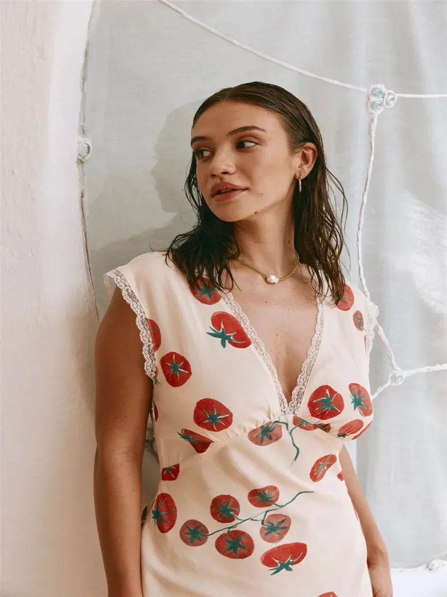 V-neck Lace-up Sleeveless Floral Dress 2