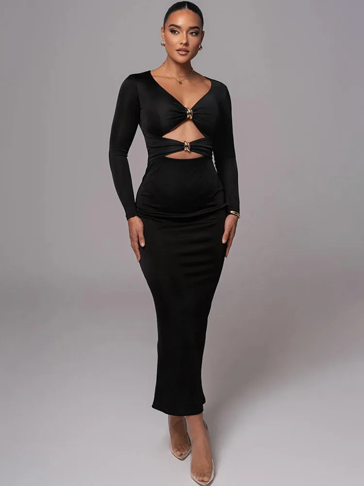 Hollow Long Sleeve Bodycon Midi Dress
