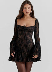 Self-Tie Lace Long Sleeve Dress - Vibrant Red - View 6