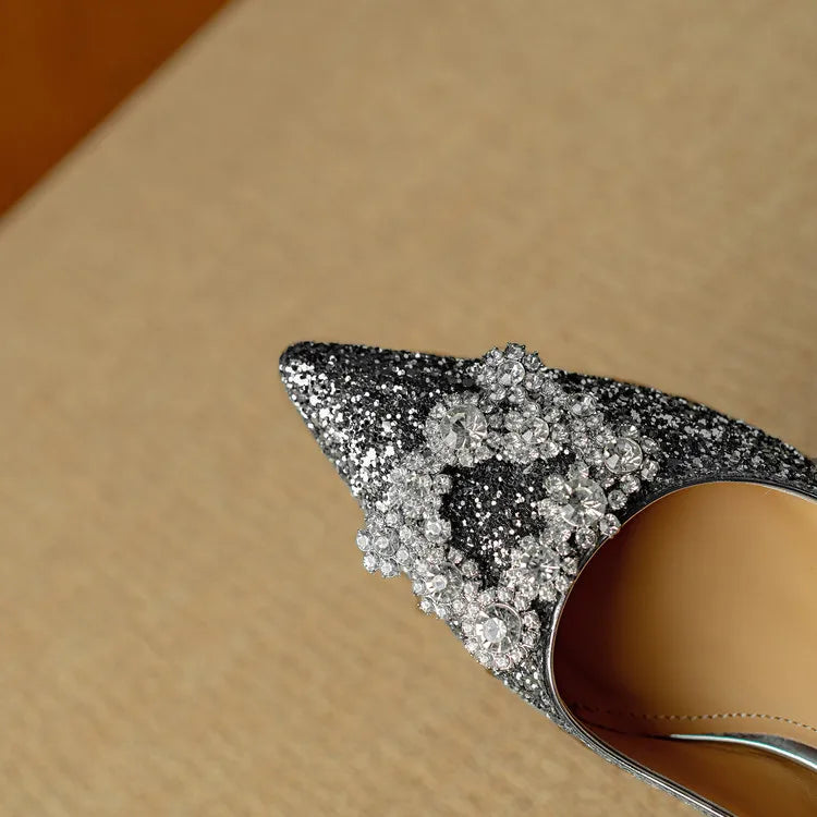 Pointed Toe Glitter Rhinestone Buckle Block Heel Pumps