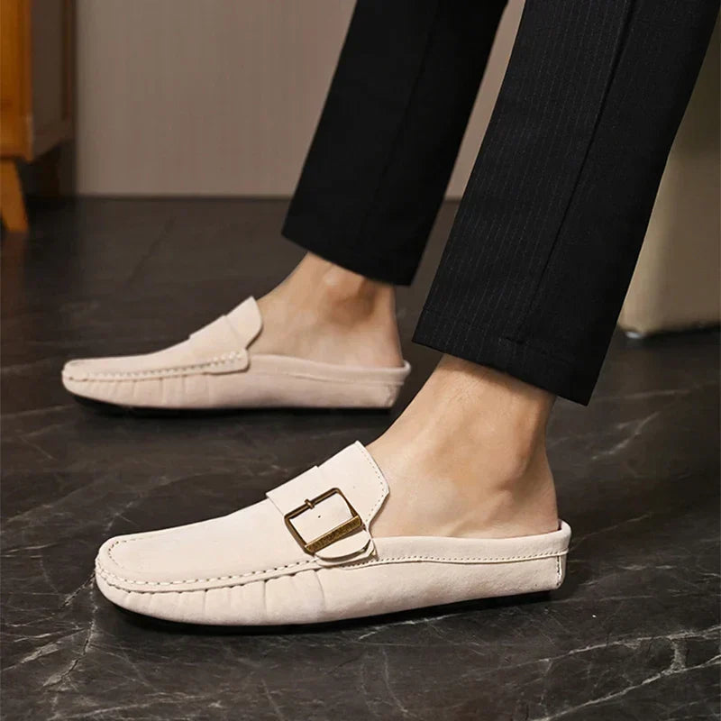 Suede Look Buckle Strap Backless Loafer Mules