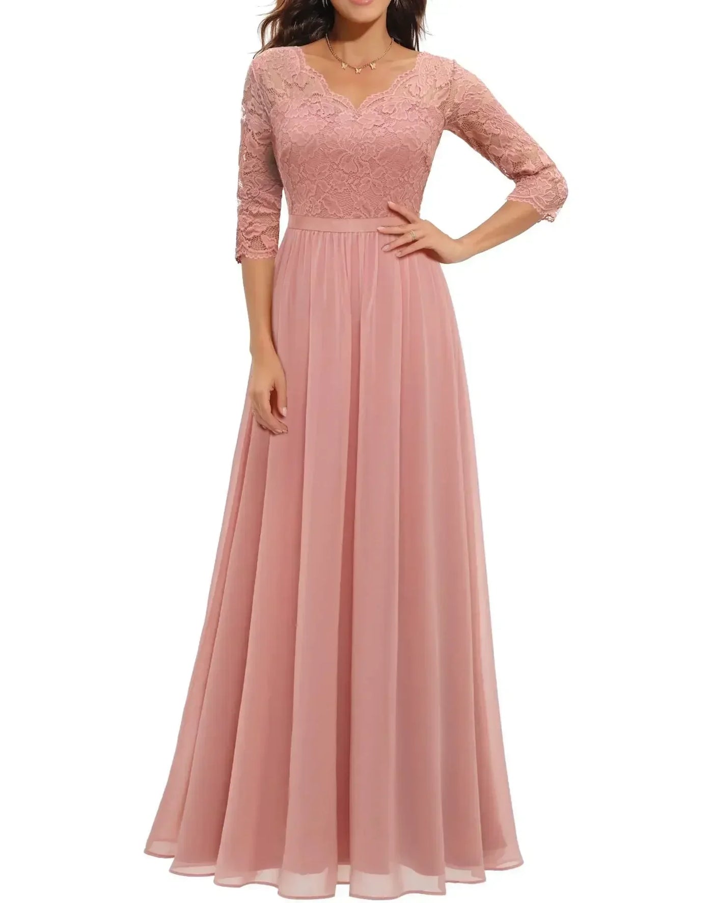Lace V-Neck Chiffon A-Line Maxi Dress 4