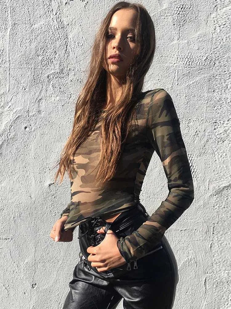 Camouflage Print Mesh See Through Long Sleeve Sheer Top