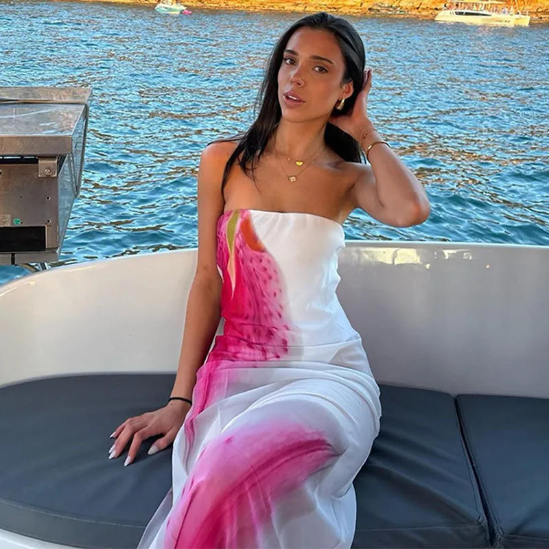 Mesh Floral Print Off - shoulder Long Dress