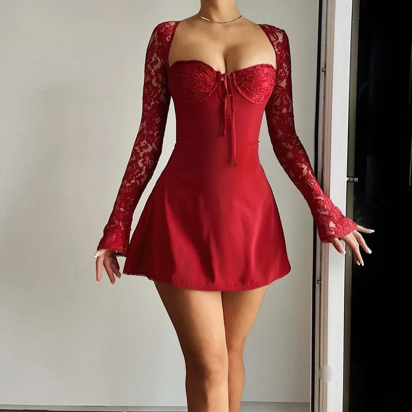 Lace Patchwork Tie Back Long Sleeve Mini Dress 7