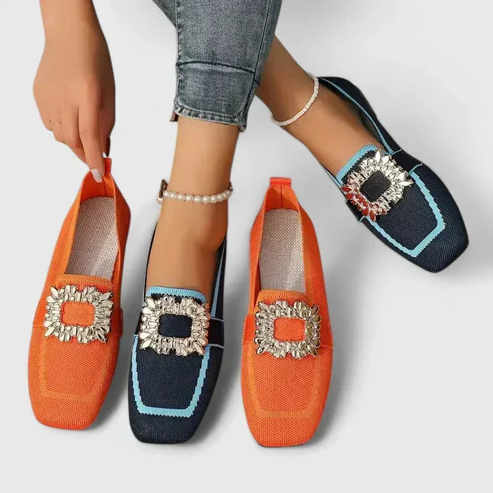 Round Toe Crystal Buckle Knit Flat Loafers