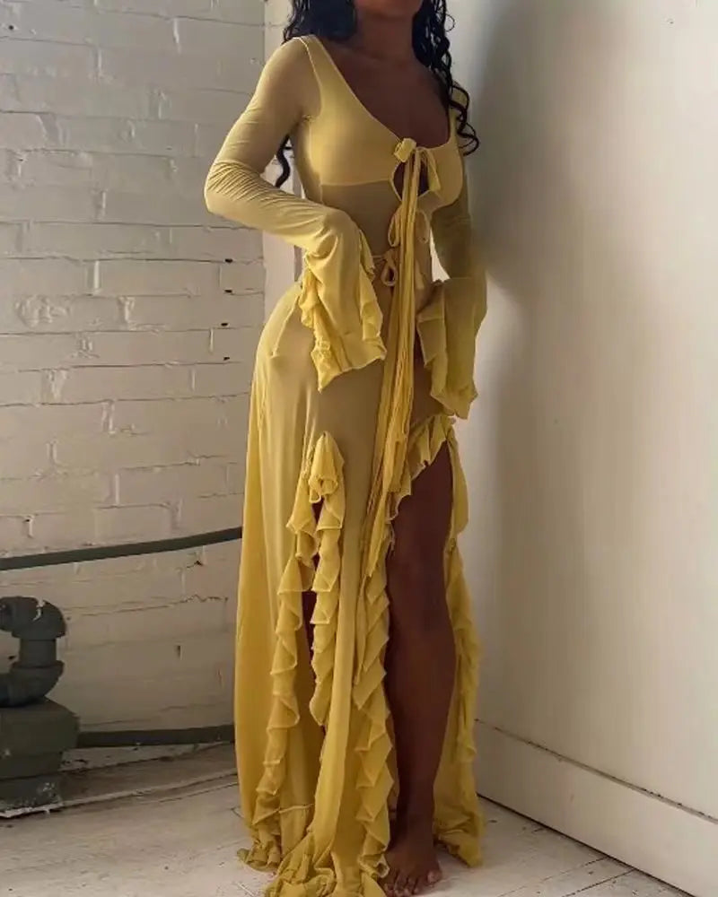 Ruffled Edition Slit Vneck Maxi Dress