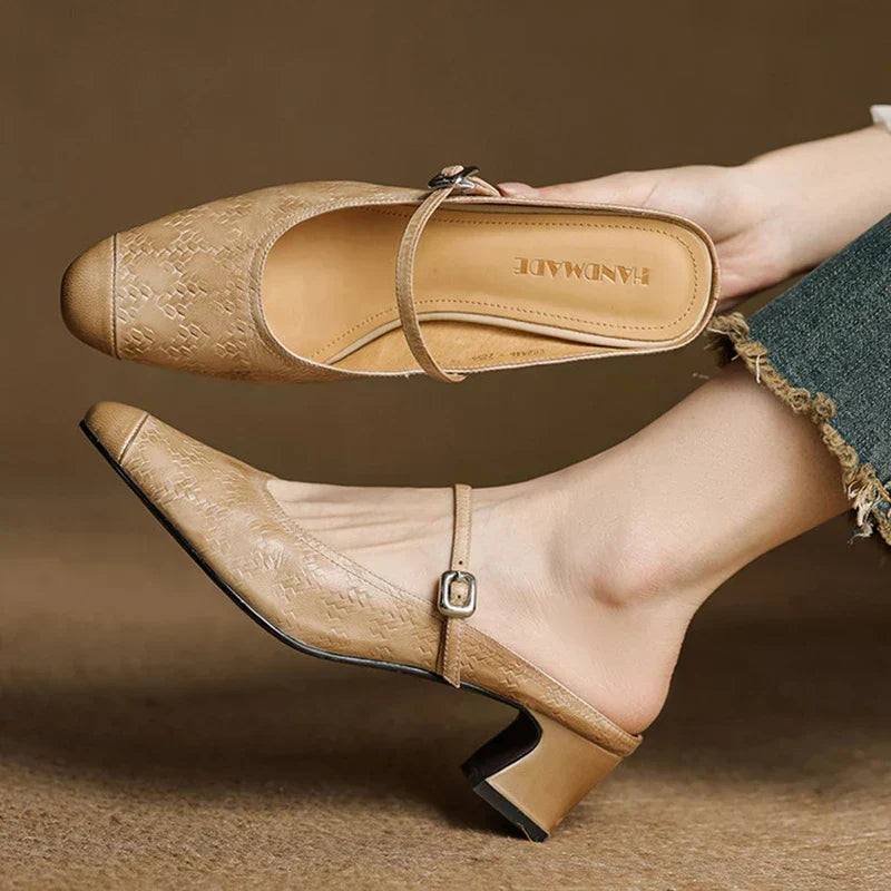 Embossed Square Toe Buckle Strap Block Heel Mary Jane Pumps