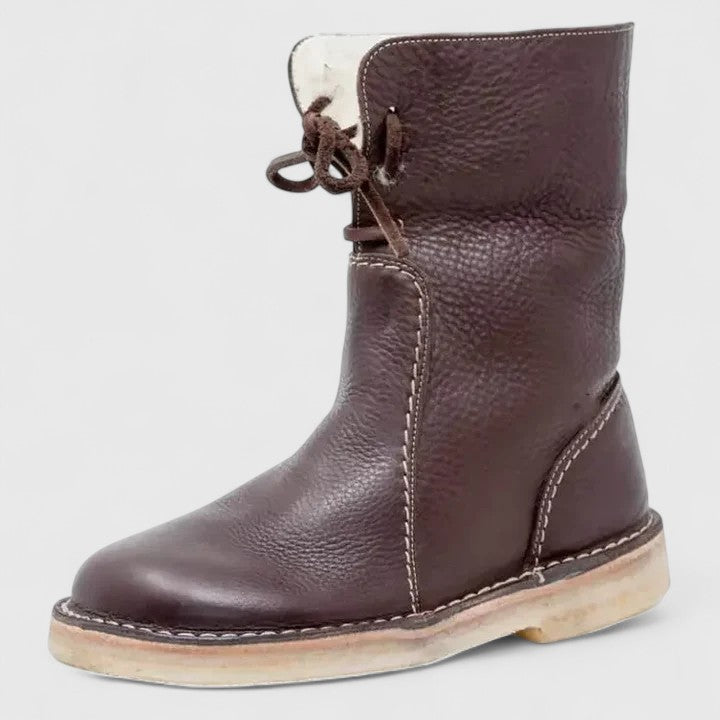 Fleece Cuff Lace Up Leather Ankle Boots