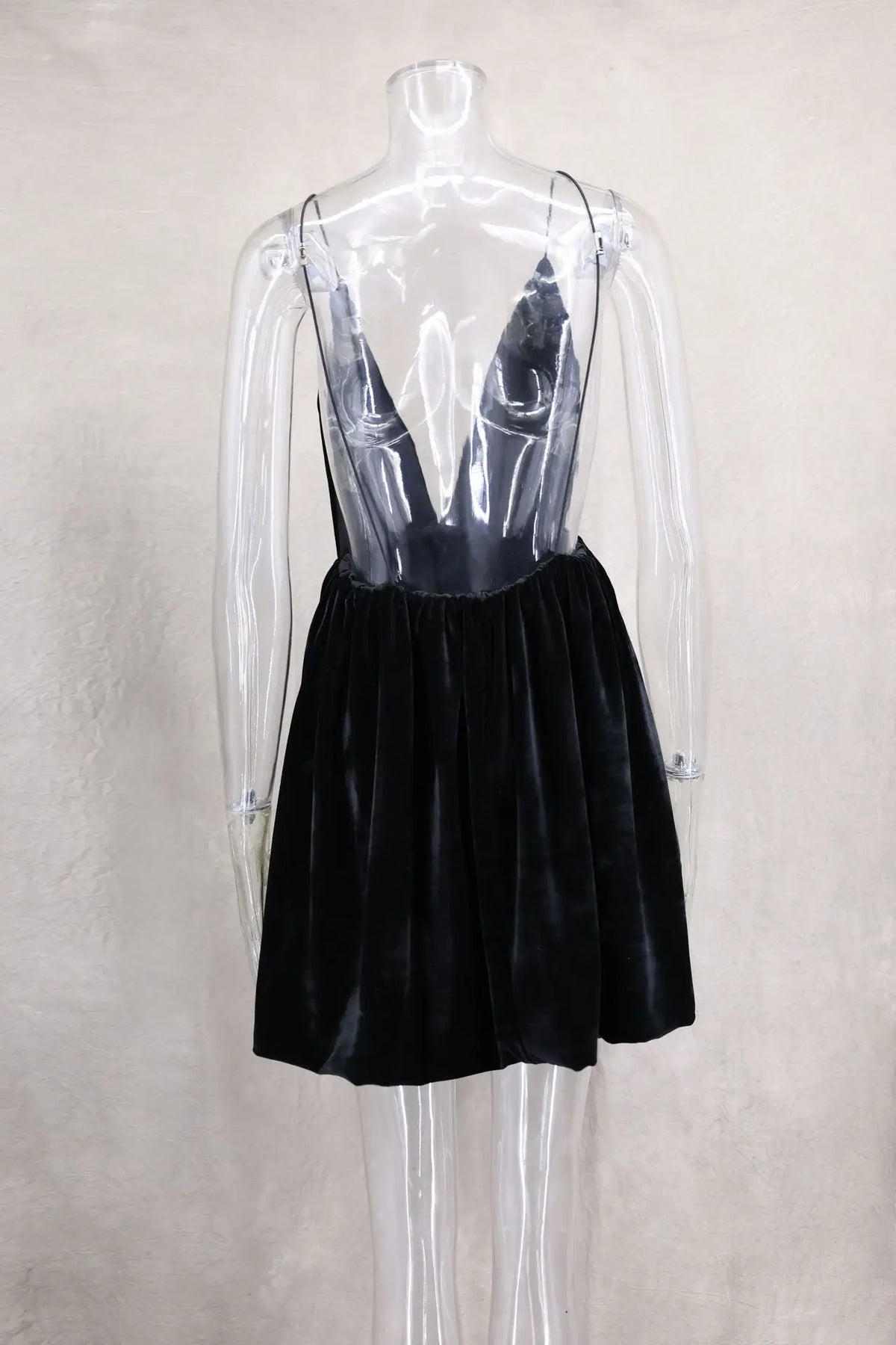 Velvet Deep V-Neck Spaghetti Strap Bubble Hem Mini Dress 18