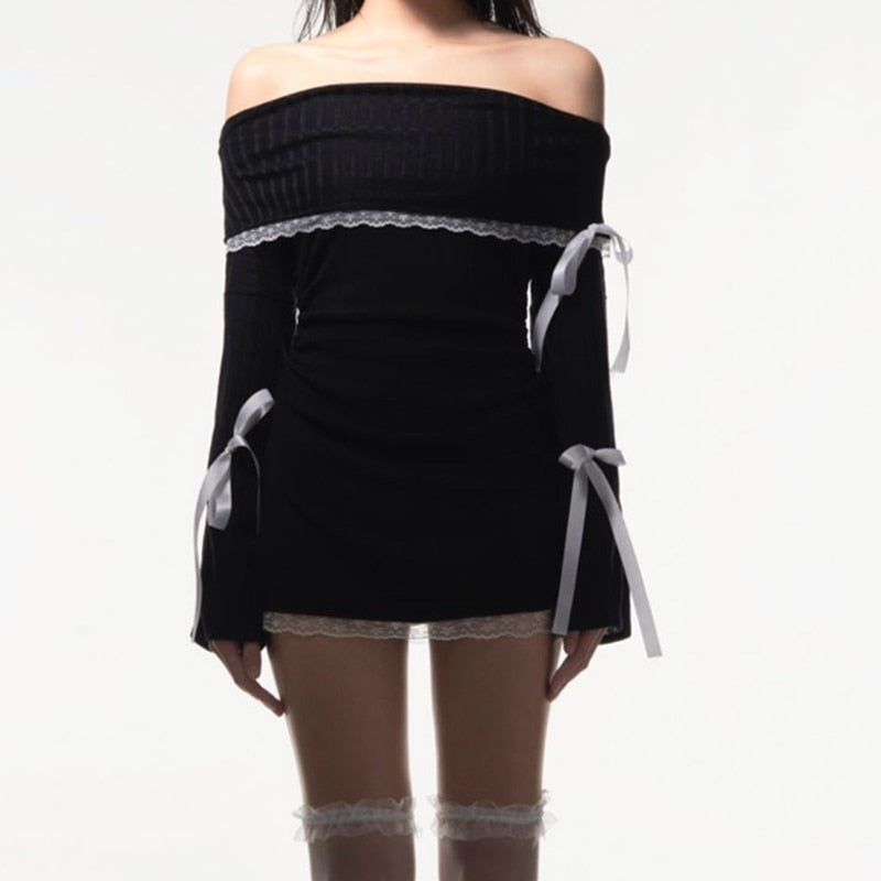 Ribbed Knit Off Shoulder Bell Sleeve Bow Lace Trim Bodycon Mini Dress 8