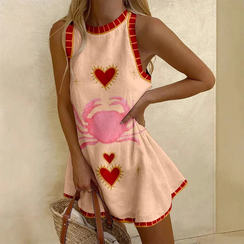 Printed Boho Loose Tank O Neck Mini Dress