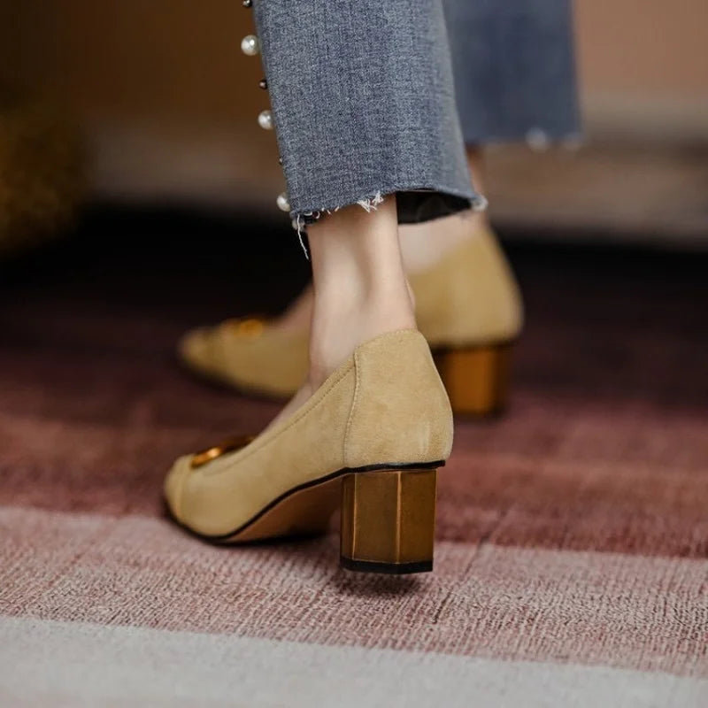 Suede Look Square Toe Metal Buckle Block Heel Pumps