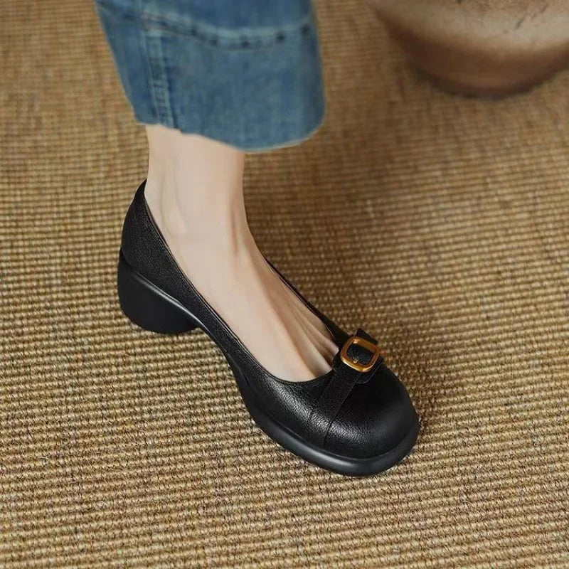 Leather Look Buckle Detail Slip On Block Heel Pumps