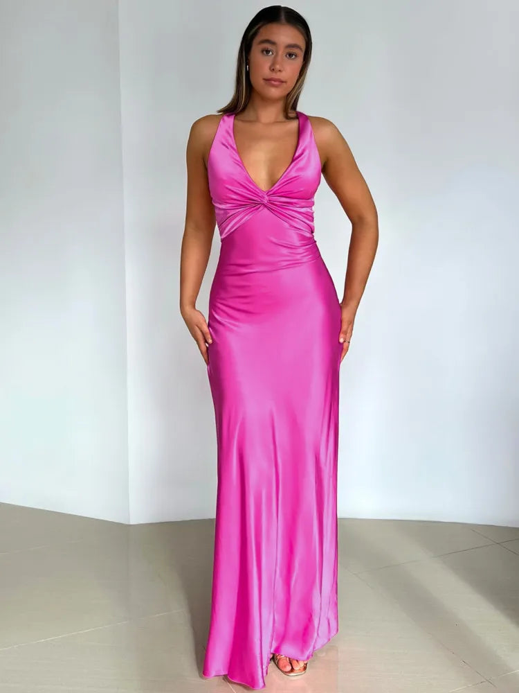 Satin Ruched Backless Maxi Dress 3