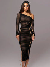 Diagonal Collar Draped Mesh Maxi Dress 5