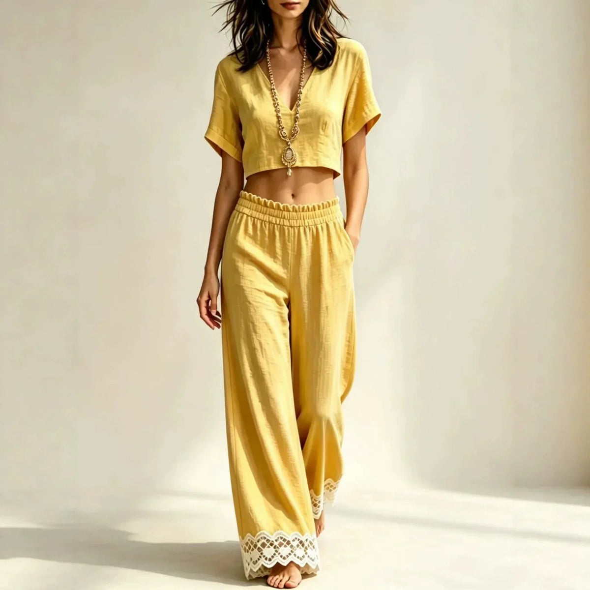 Cropped Top Lace Detail Pants Set