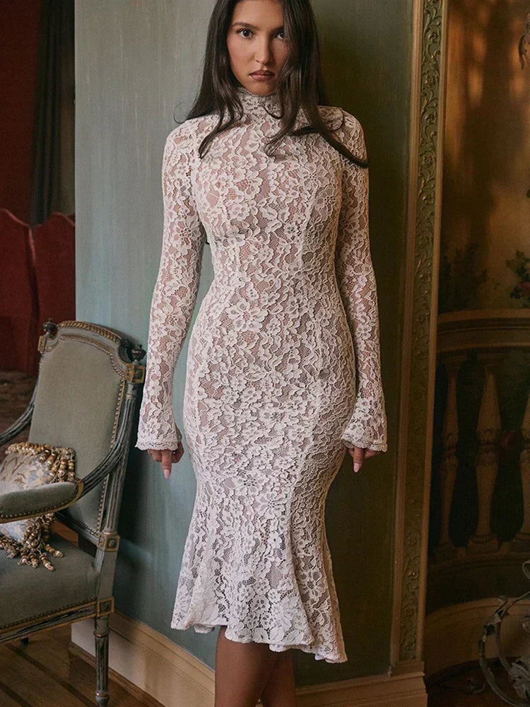 Lace High Neck Long Sleeve Mermaid Hem Bodycon Midi Dress