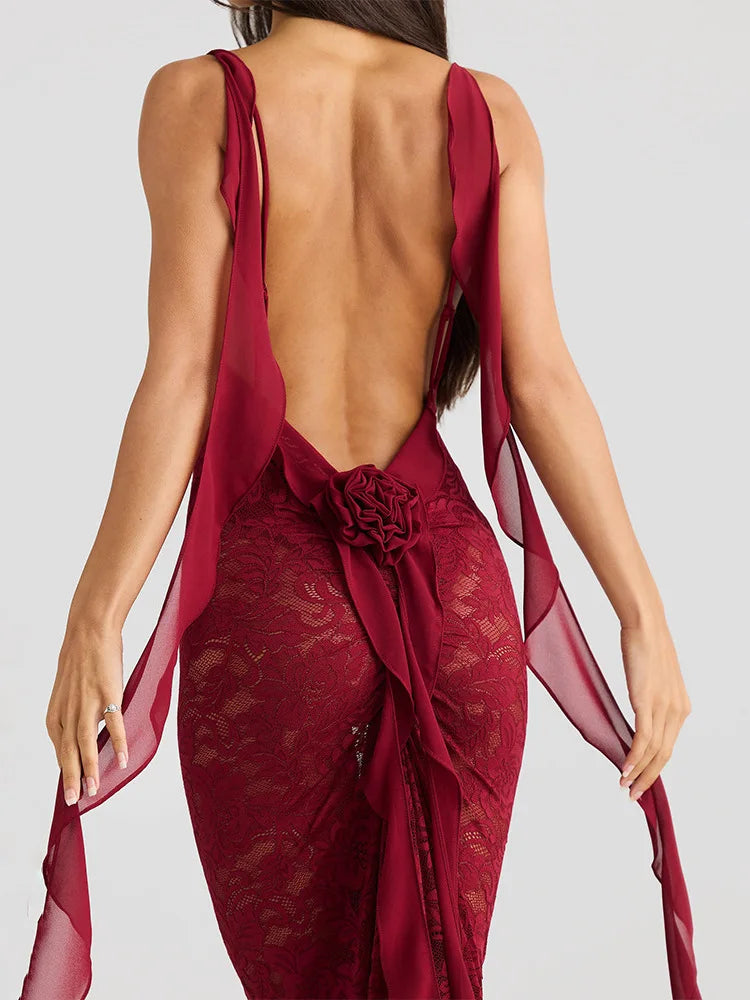 Lace Patchwork Backless Trailing Long Dress - View 5