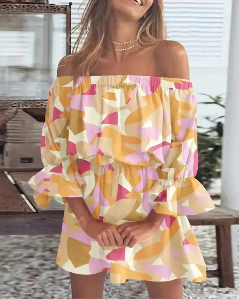 Slash Neck Flare Sleeve Mini Floral Dress