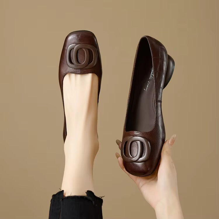 Square Toe Rosette Block Heel Ballet Flats