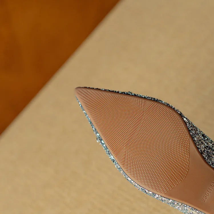 Pointed Toe Glitter Rhinestone Buckle Block Heel Pumps