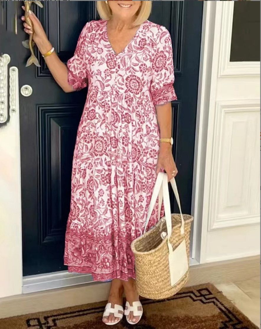 Border Floral V-Neck Short Sleeve Tiered Midi Dress 3