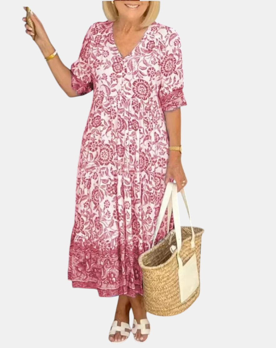 V-Neck Short Sleeve Floral Print Tiered Maxi Dress