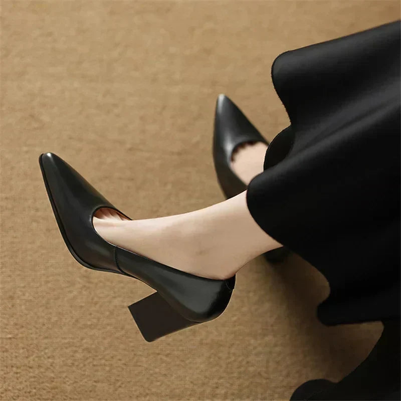 Pointed Toe Block Heel Slip On Leather Look Pumps