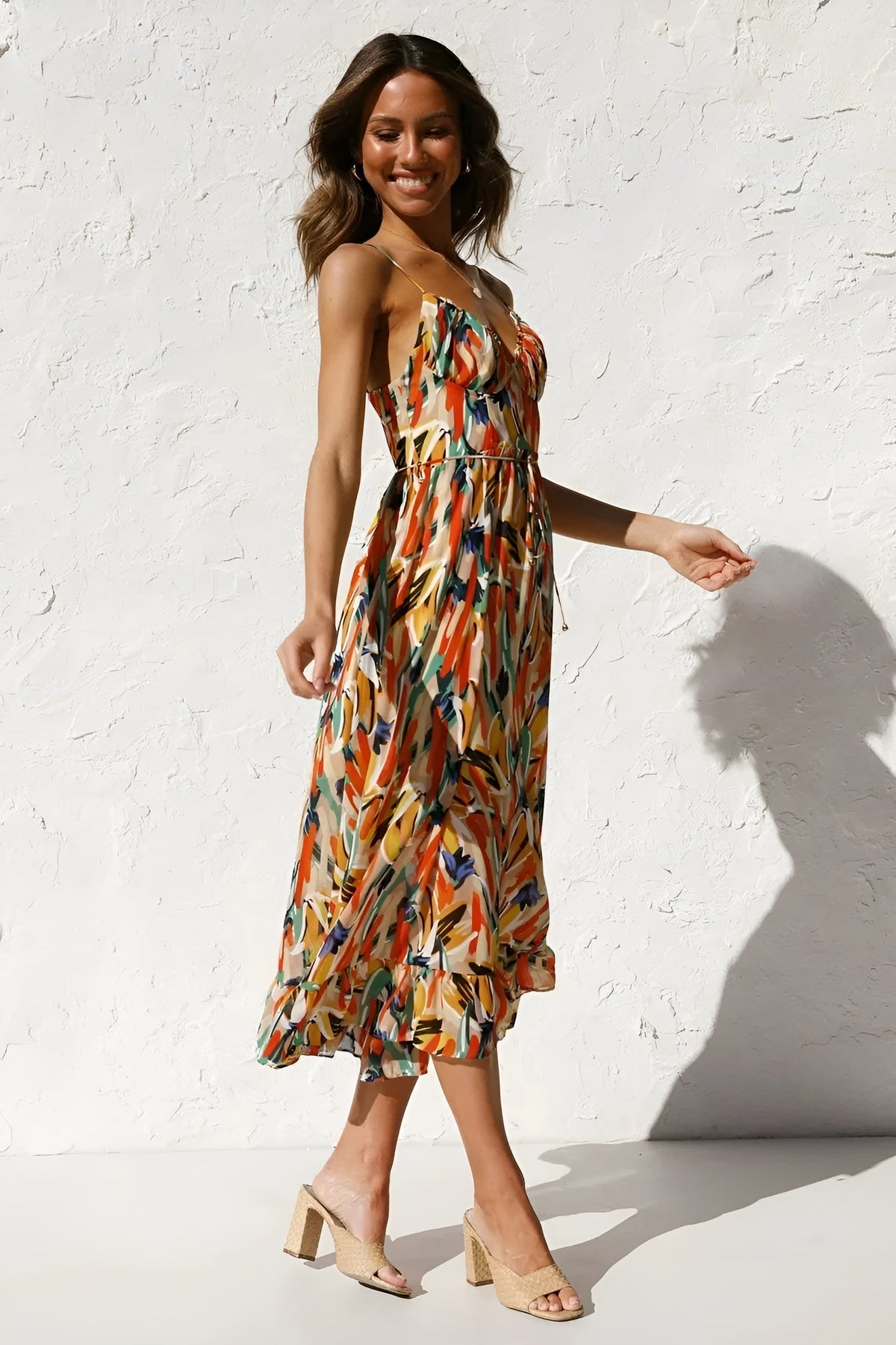 Abstract Print V-Neck Spaghetti Strap Tiered Midi Dress
