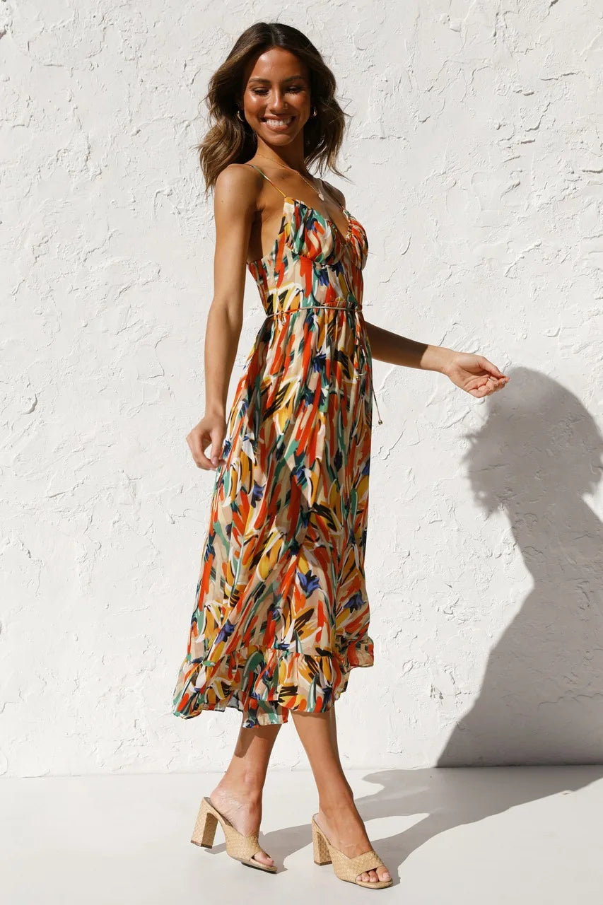 Abstract Print Spaghetti Strap V-Neck Midi Dress