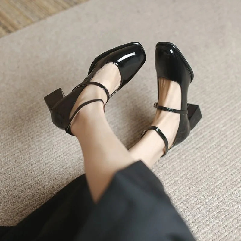 Square Toe Ankle Strap Block Heel Mary Jane Pumps