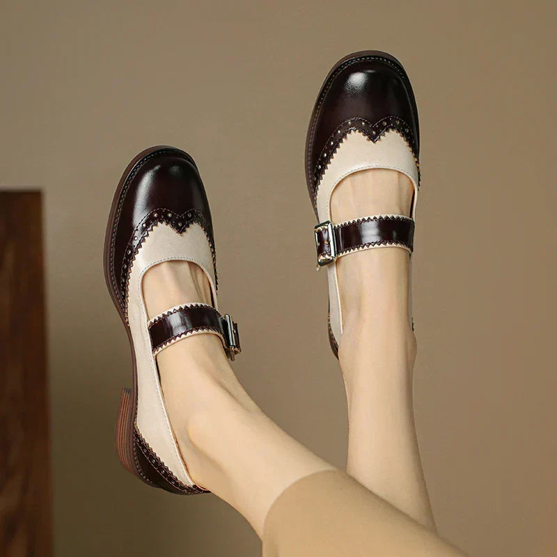 Round Toe Buckle Strap Brogue Mary Jane Flats
