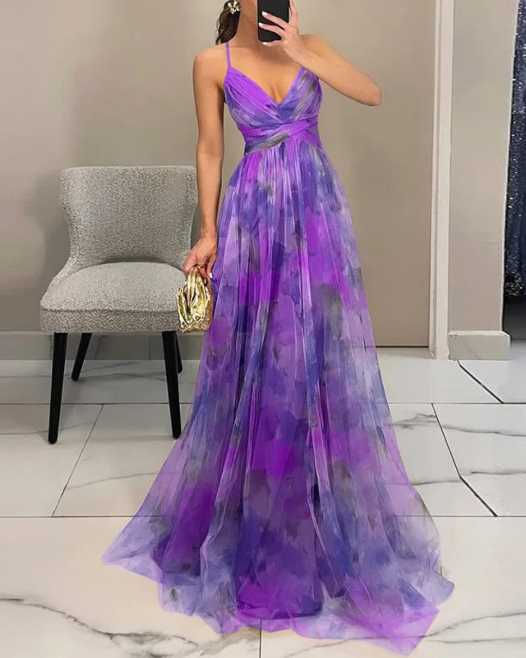 Floral Print Chiffon Deep V-Neck Ruched Waist A-Line Maxi Dress