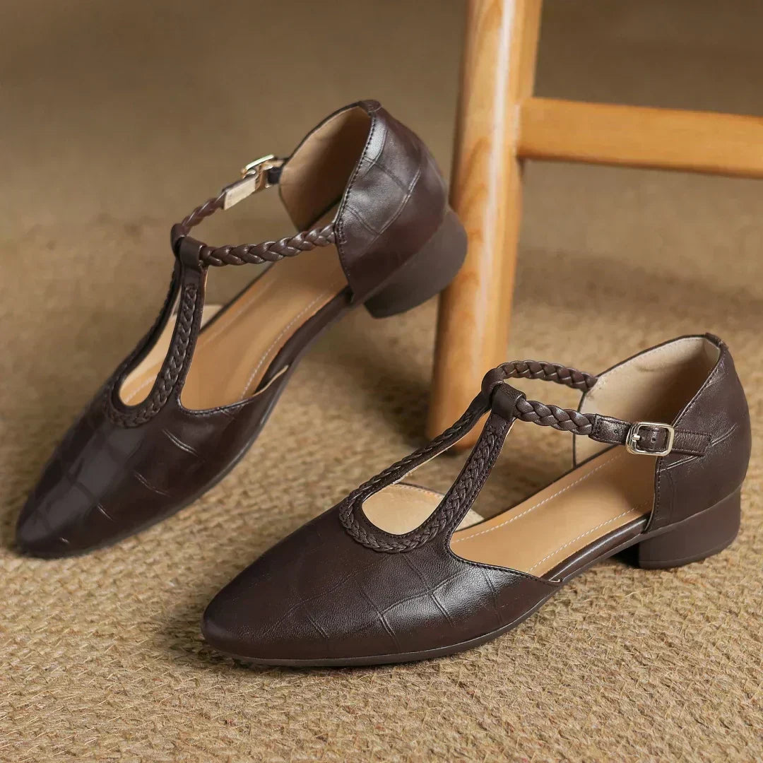 Pointed Toe Braided T-Strap Flats
